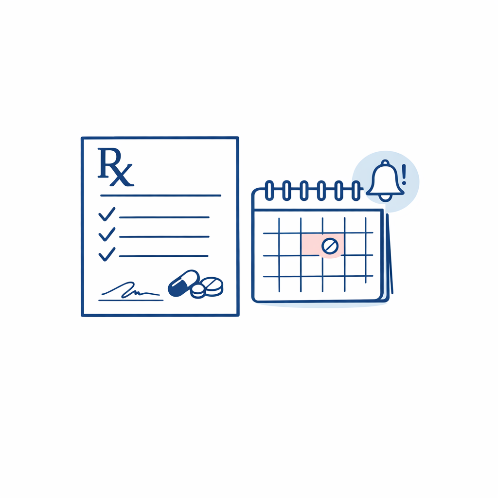 A calendar and prescription paper remind shoppers to use a current glasses prescription.