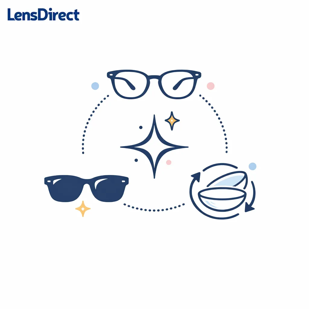 A polished final composition invites shoppers to choose glasses, sunglasses, or lens replacement paths.