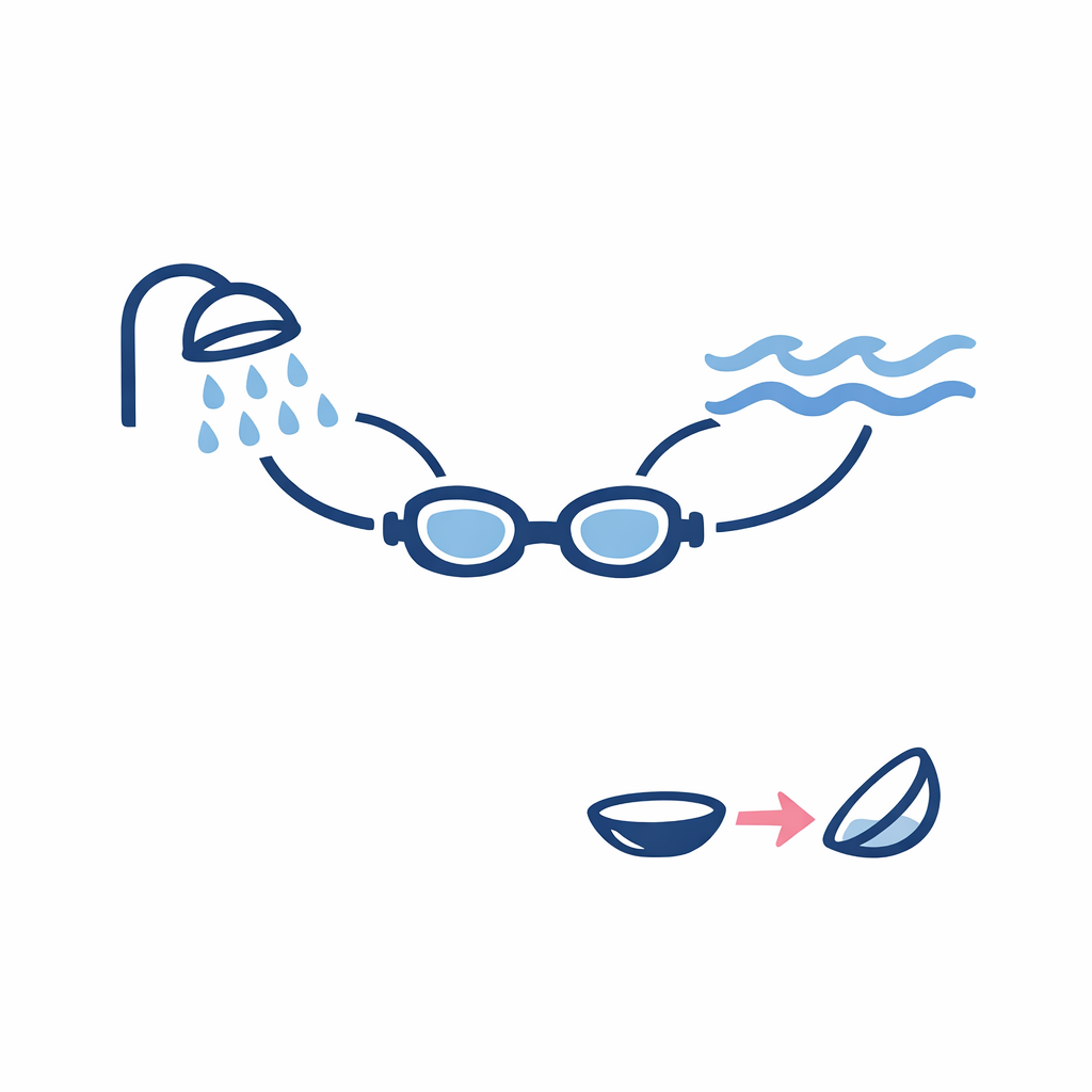 A showerhead and swimming goggles shown with a cue to remove contacts before water exposure.
