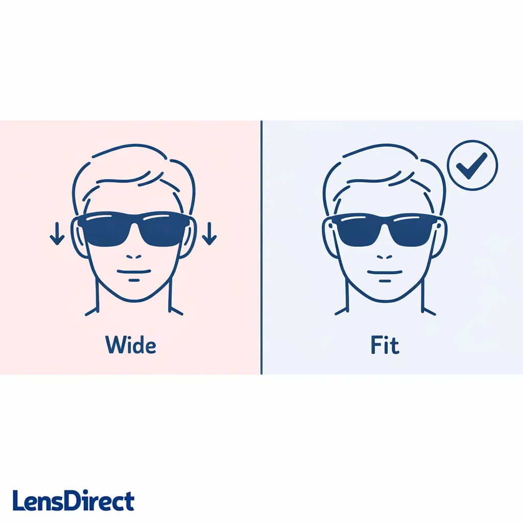 Two face outlines comparing a wide frame slipping down versus a properly sized frame sitting stable.