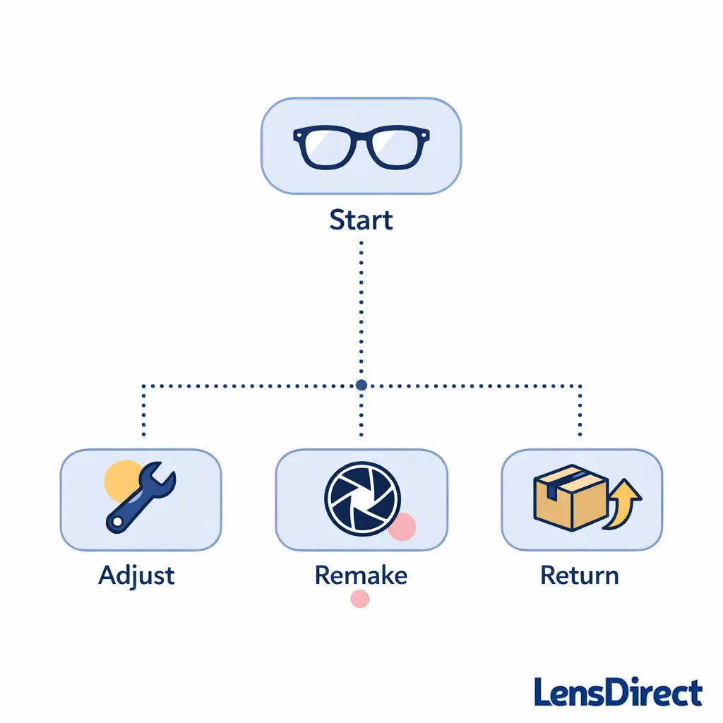 A simple flowchart with three outcomes: adjust fit, remake lenses, or return, using icons and arrows.