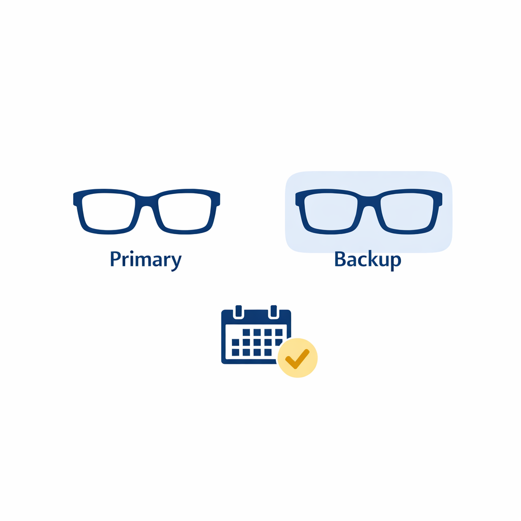 A minimal diagram showing two glasses pairs labeled primary and backup with a calendar icon on white.