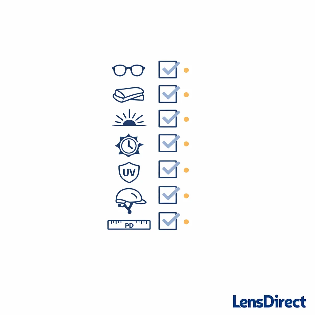 Minimal checklist icons covering setup choice, coverage, glare control, tint timing, UV label, helmet comfort, and PD.