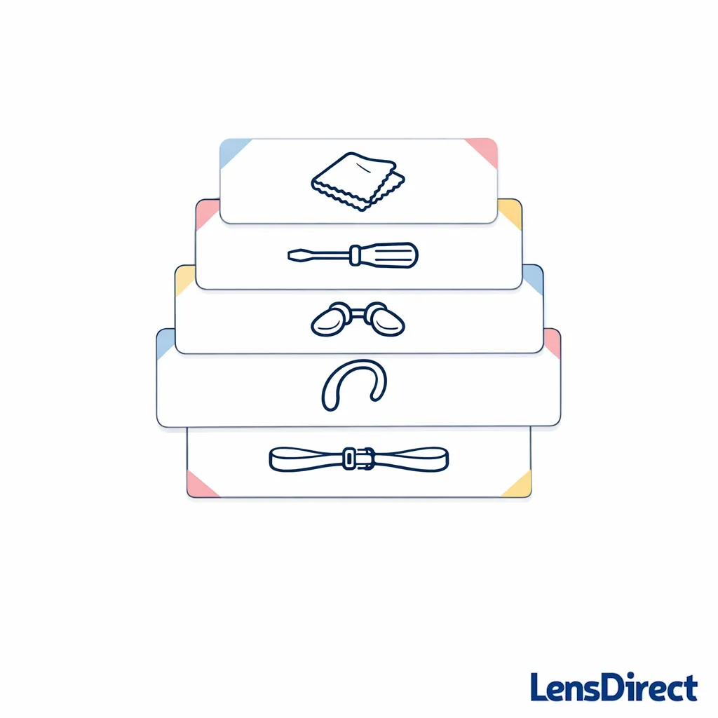 A stack of simple cards showing the recommended order: clean, tighten, add pads, add grips, add strap.