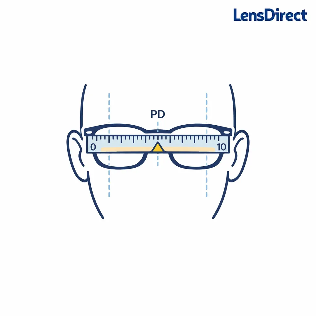 A face outline, ruler, and dotted guides demonstrate pupillary distance measurement.