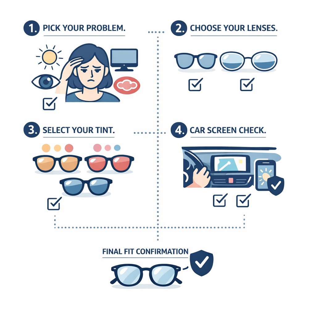 A step-by-step visual guide helps shoppers pick glare control, tint, screen compatibility, and fit.