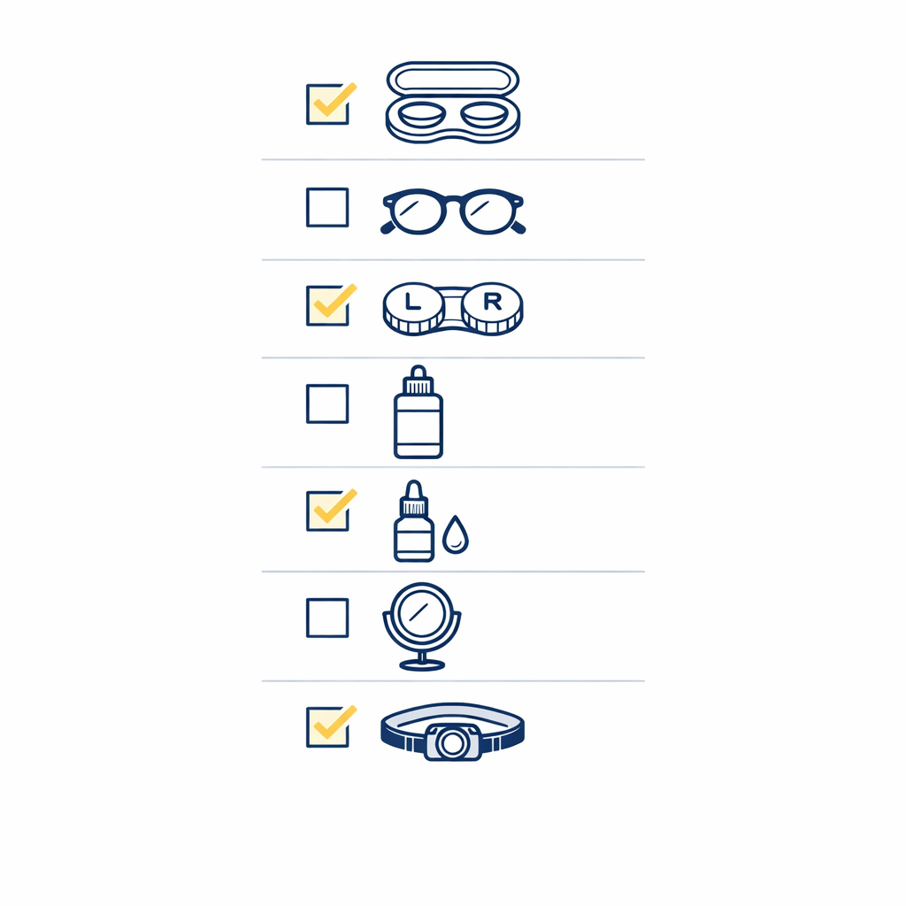 A clean checklist-style layout of key contact travel items using icons like lenses, glasses, solution, drops, and mirror.