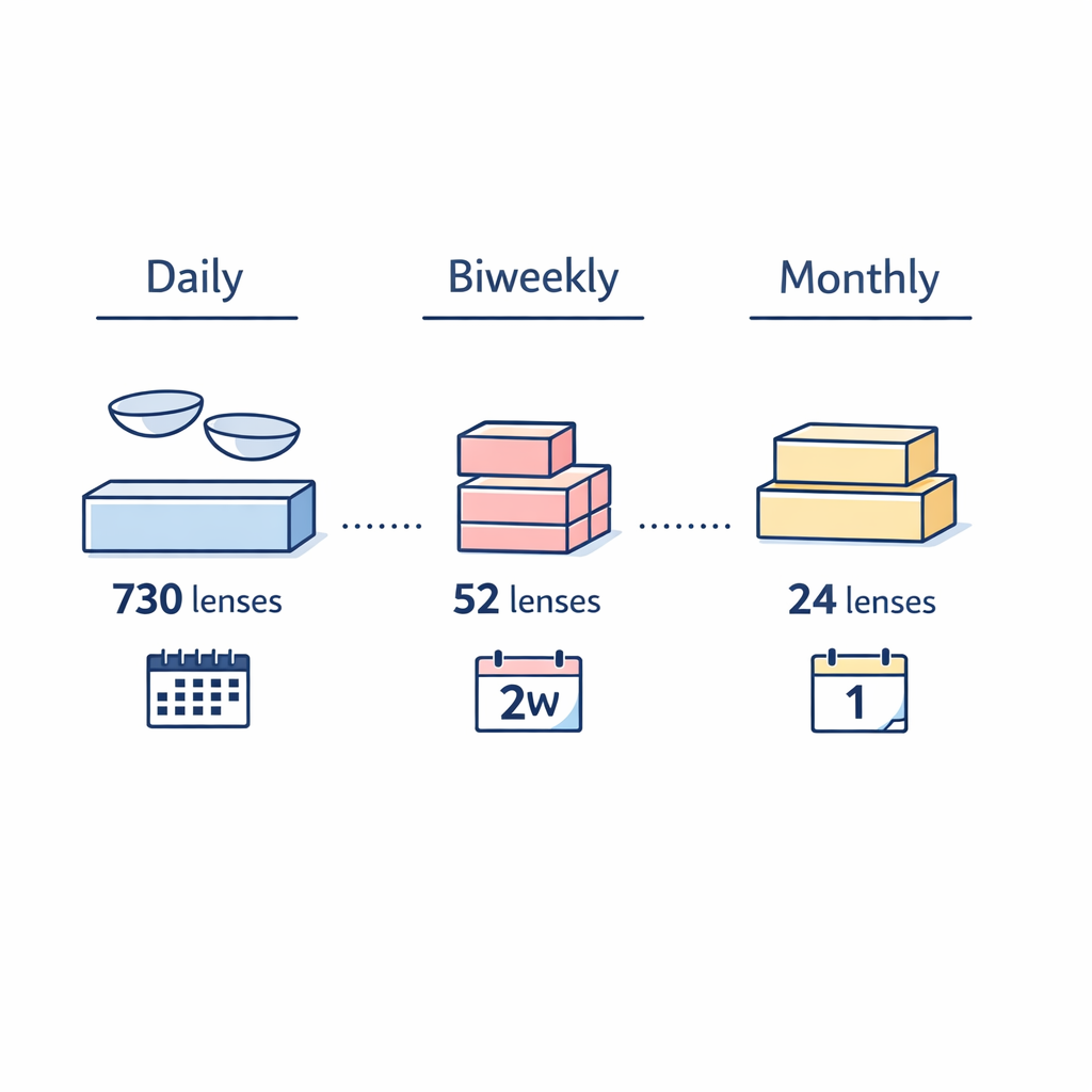 Three clean line-art columns show daily, biweekly, and monthly lenses as a simple year-supply box-count reference.