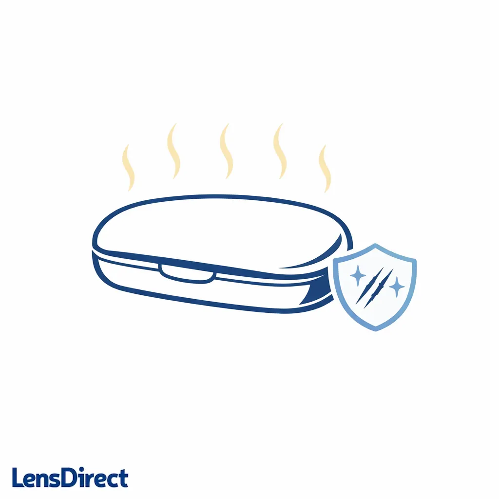 A closed glasses case sits in warm air to show it still heats up even when protected.