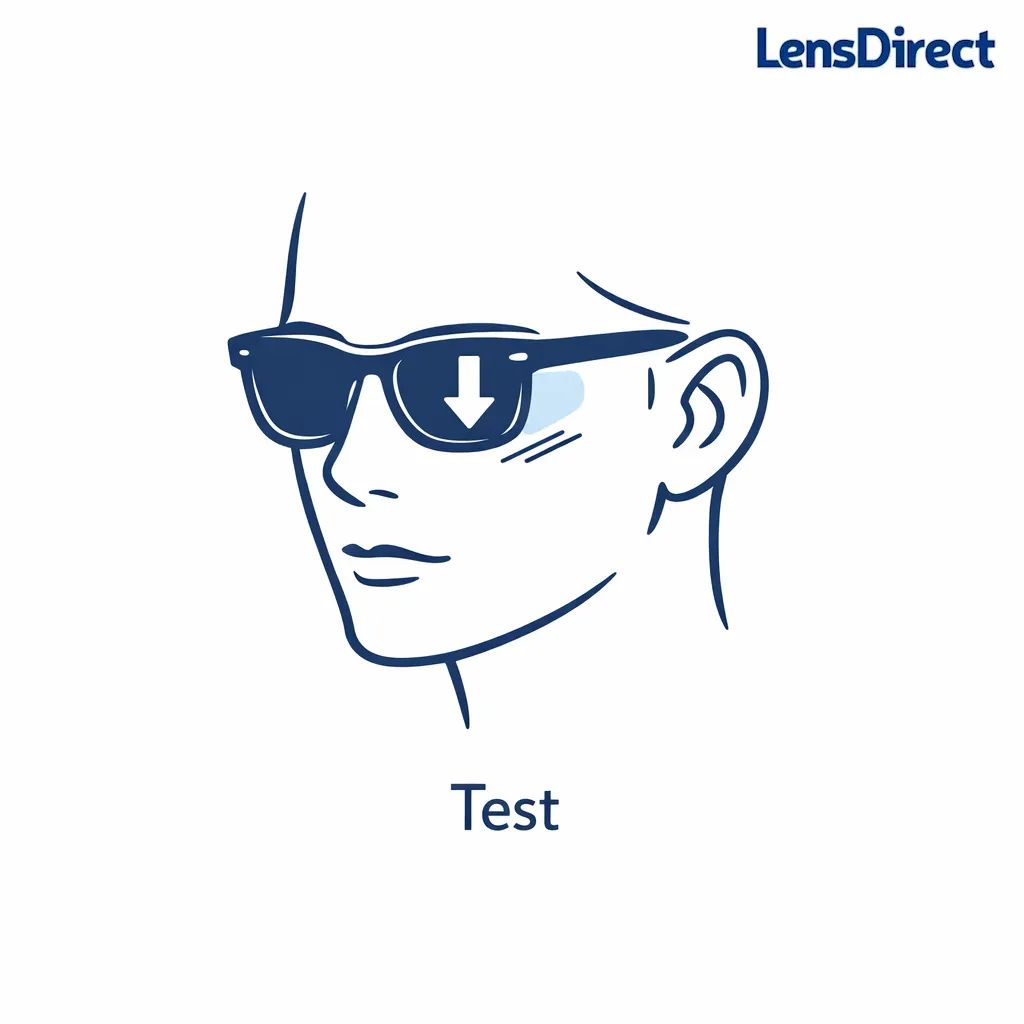 A face outline wearing sunglasses with a downward arrow showing the quick look-down test for slipping.
