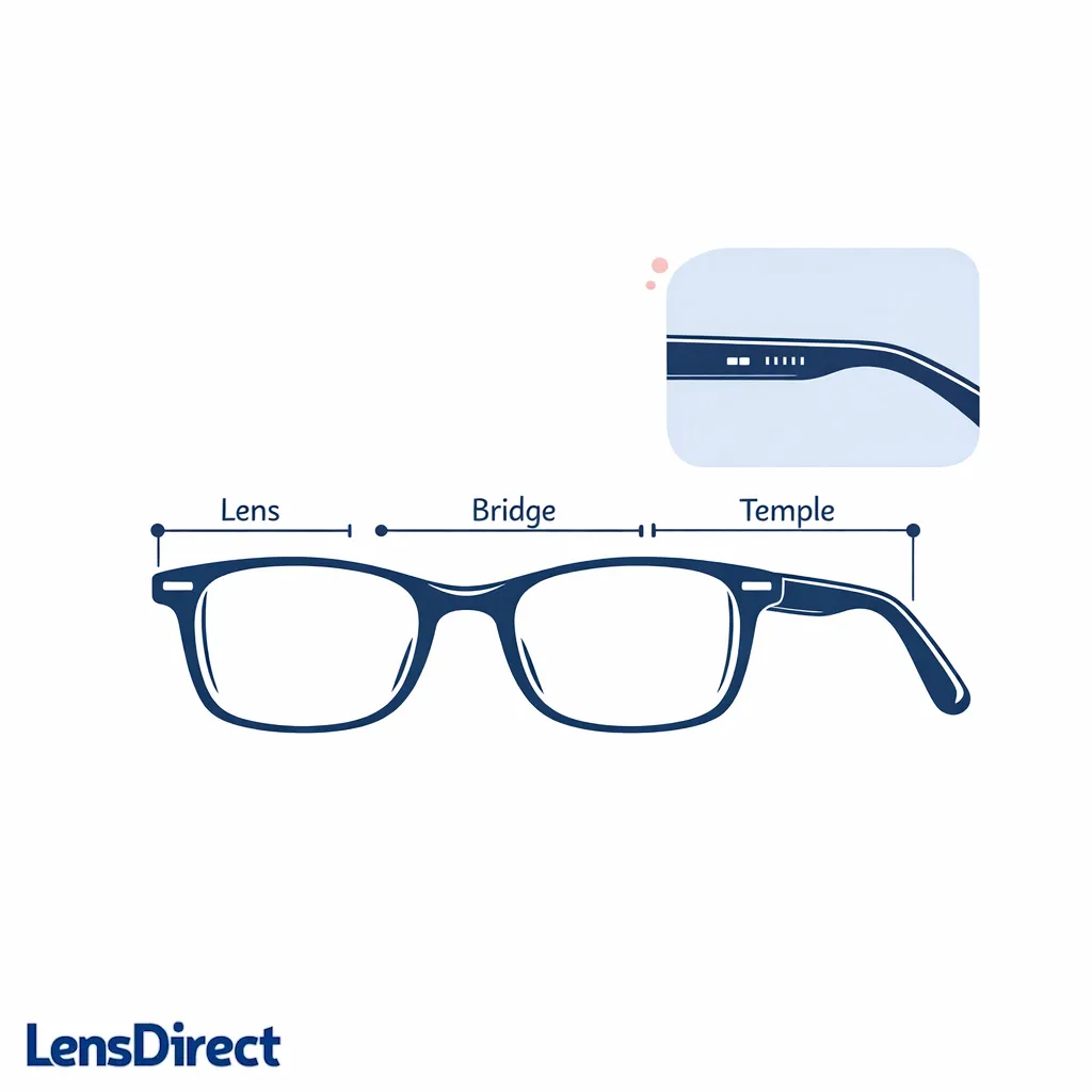 A line-art glasses temple with three measurement callouts showing lens width, bridge, and temple length on a white background.