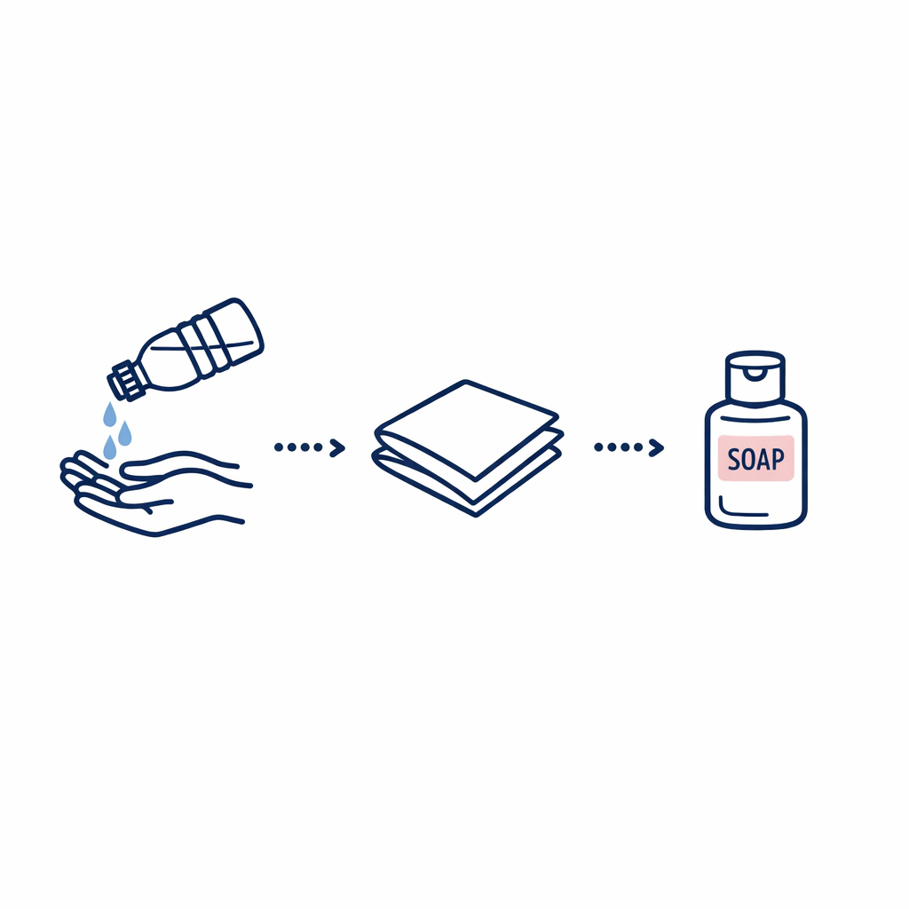 A small water bottle, travel soap, and paper towels shown as a simple handwashing solution for lens handling.