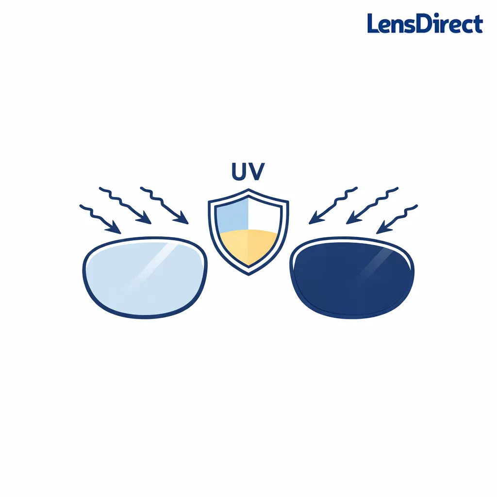 A simple comparison showing identical UV shield behind light and dark lenses to emphasize protection is separate.