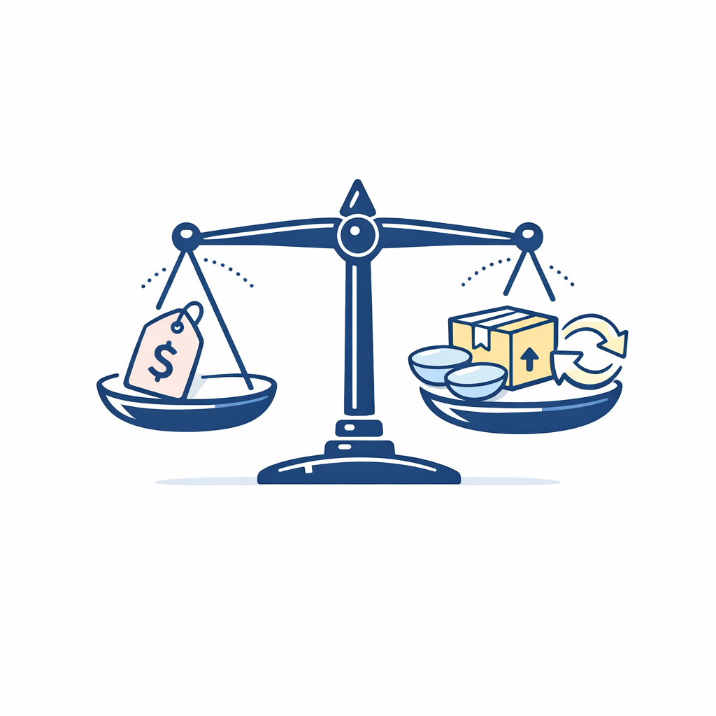 A simple scale balances frame price against lens quality, shipping, and returns.