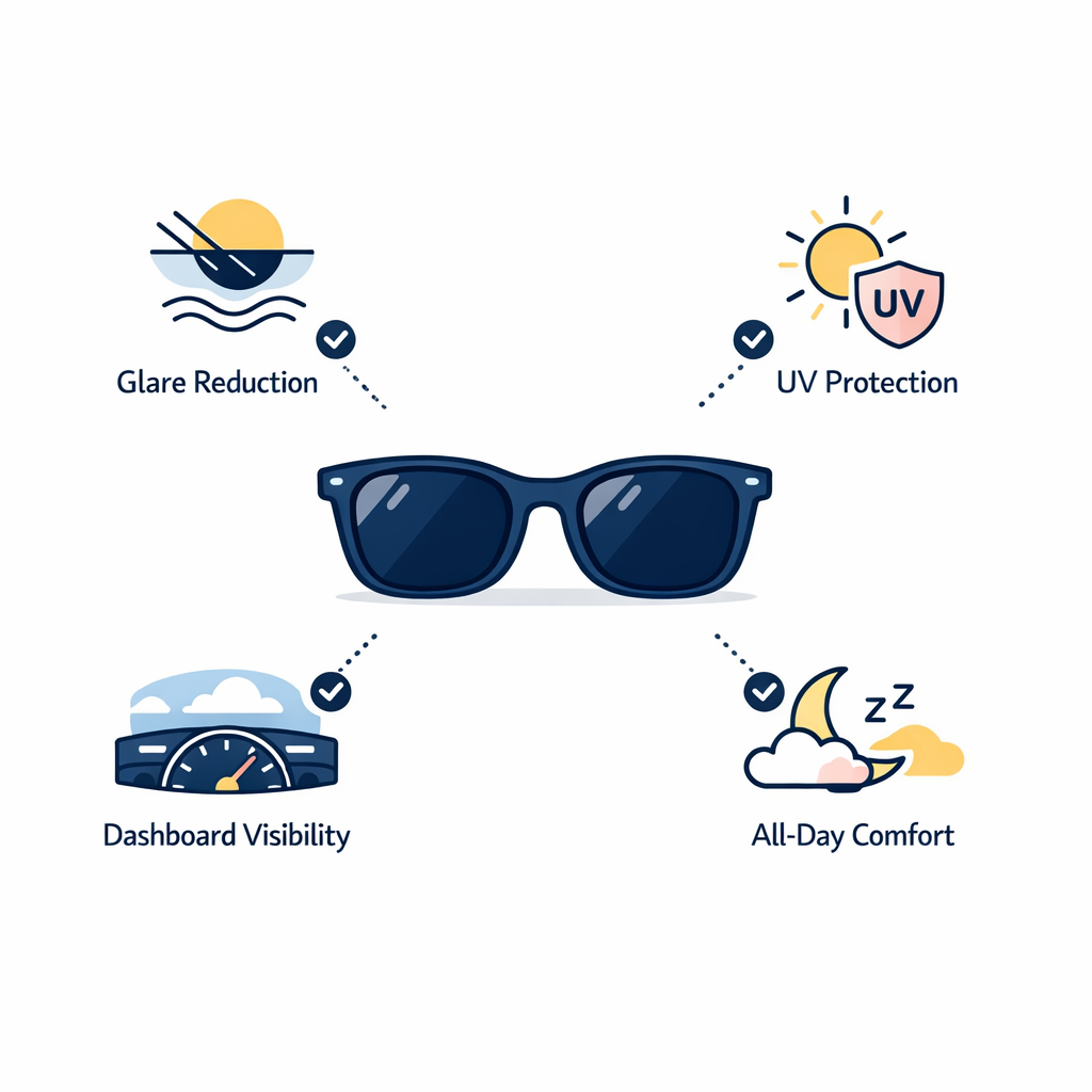 An instructional diagram highlights glare reduction, UV protection, comfort, and dashboard visibility for drivers.