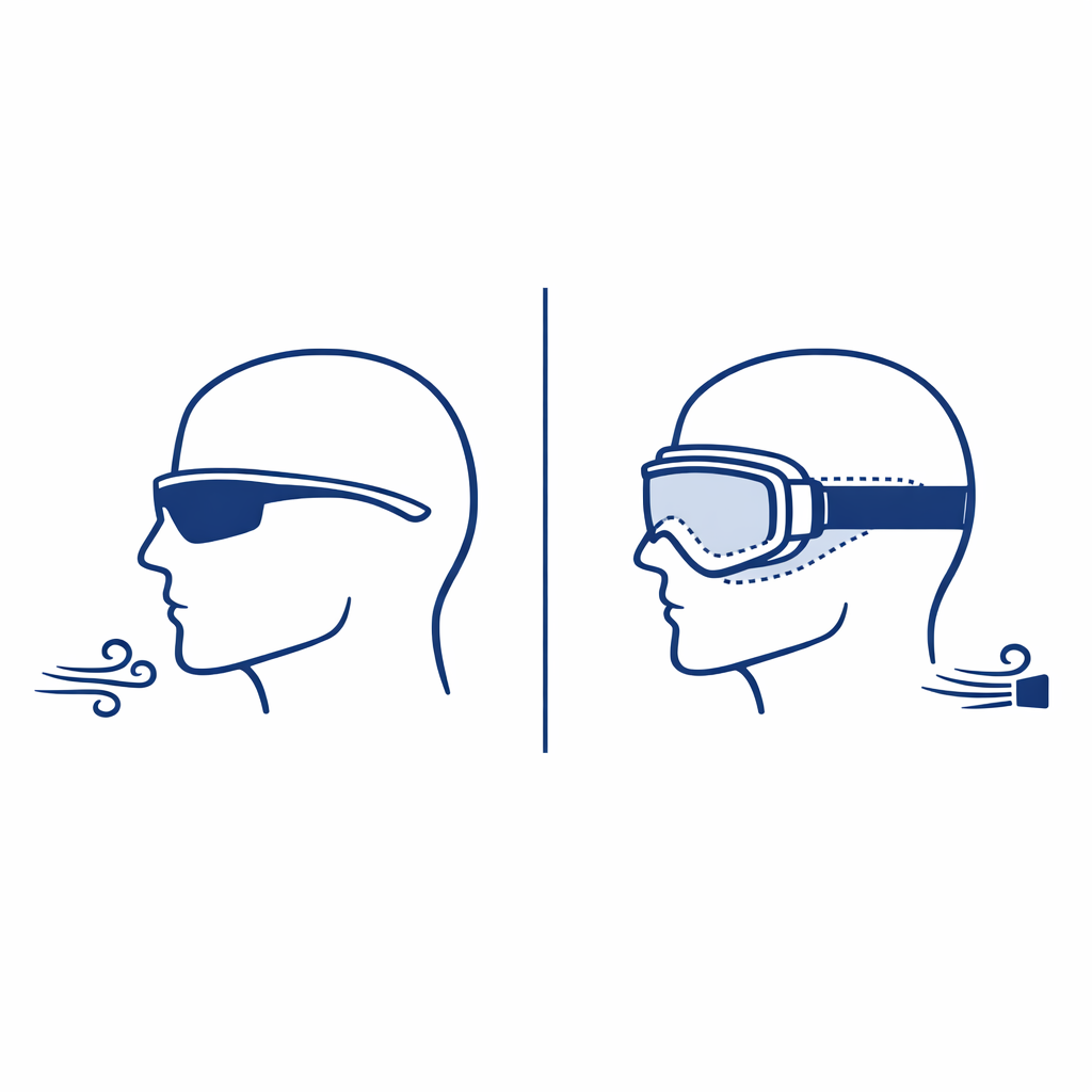 Side-by-side line-art comparison of wraparound sunglasses and motorcycle goggles showing coverage and seal.