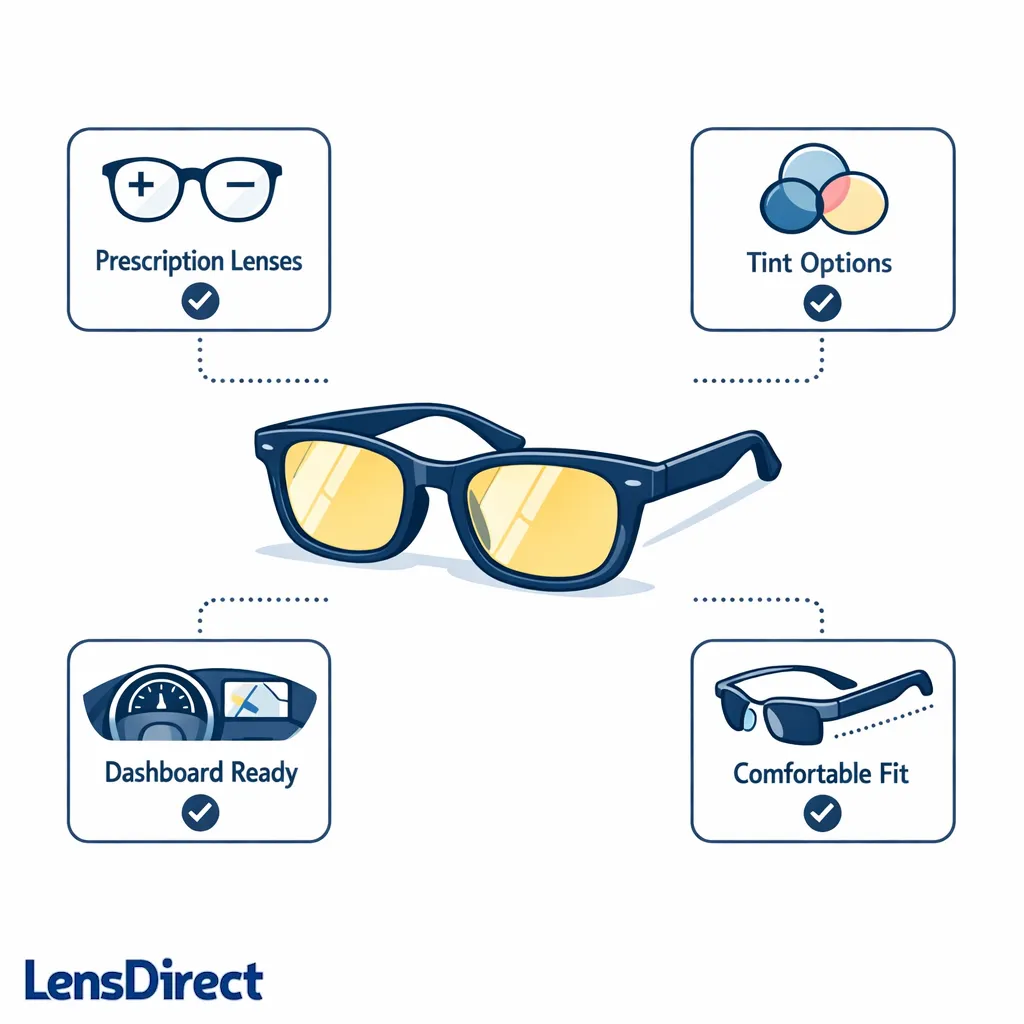 A polished final infographic brings together lens type, tint, fit, and comfort for a driving-ready pair.