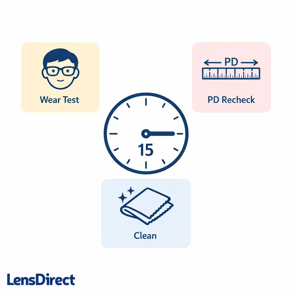 Clock icon next to three quick action tiles: wear test, PD recheck, and clean lenses.