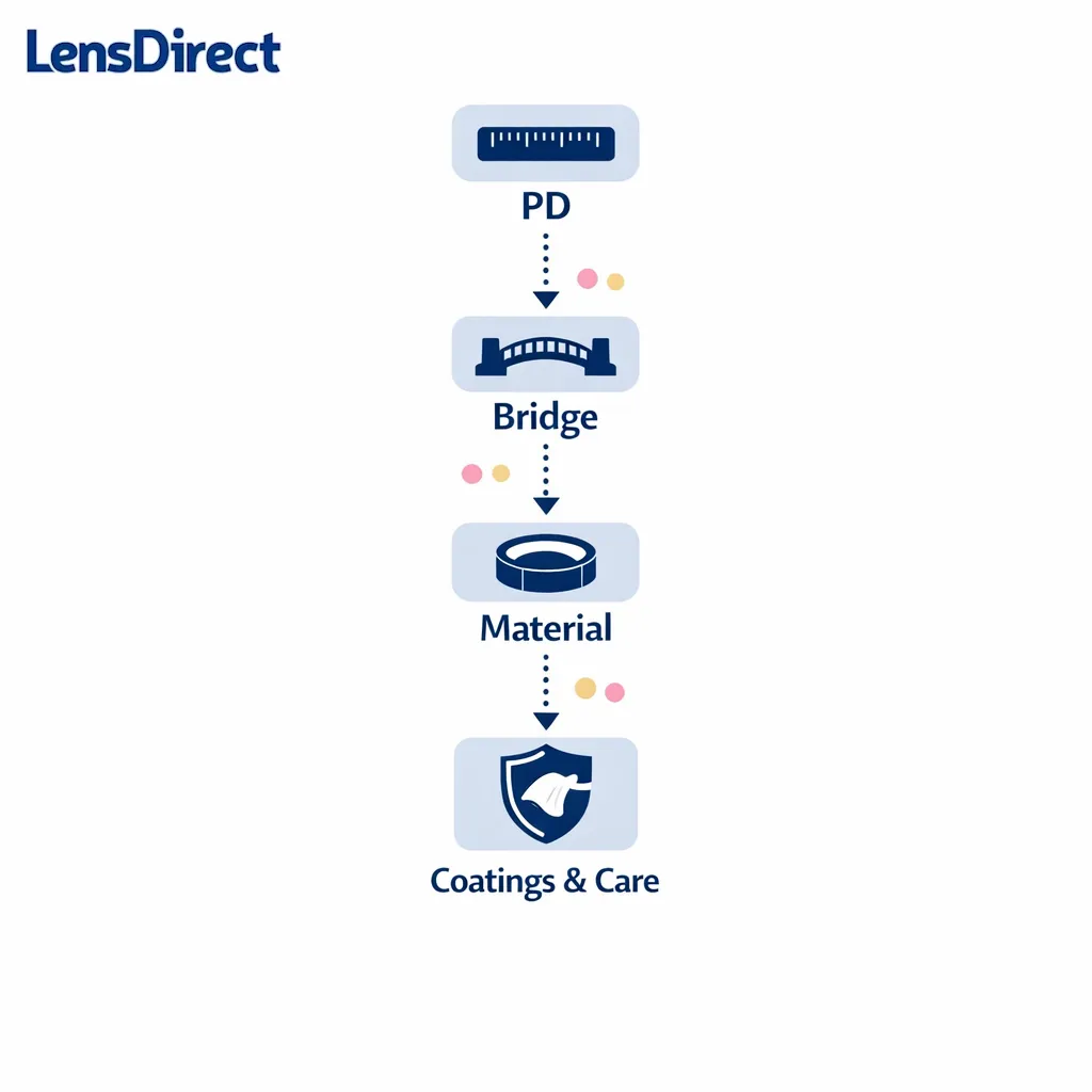 A minimal flowchart guiding sizing to bridge fit to lenses to coatings with icons and dotted arrows on white.