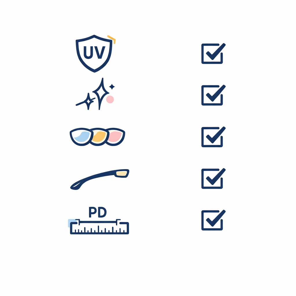 A minimal checklist infographic summarizes UV, polarization choice, lens color, fit, and PD in five simple steps.