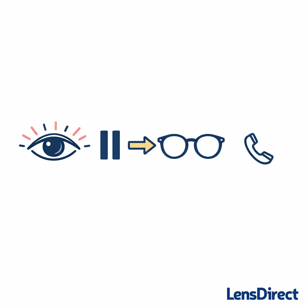 An eye icon with gentle warning cues and a clear switch to glasses to indicate pausing contact wear if discomfort occurs.