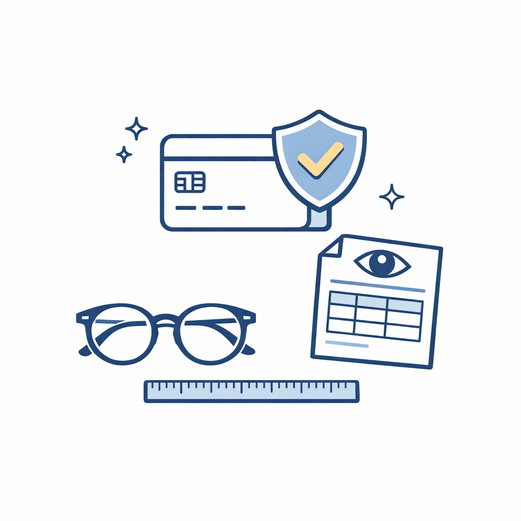 A secure checkout icon and eyeglasses illustrate safe, practical online eyewear shopping.