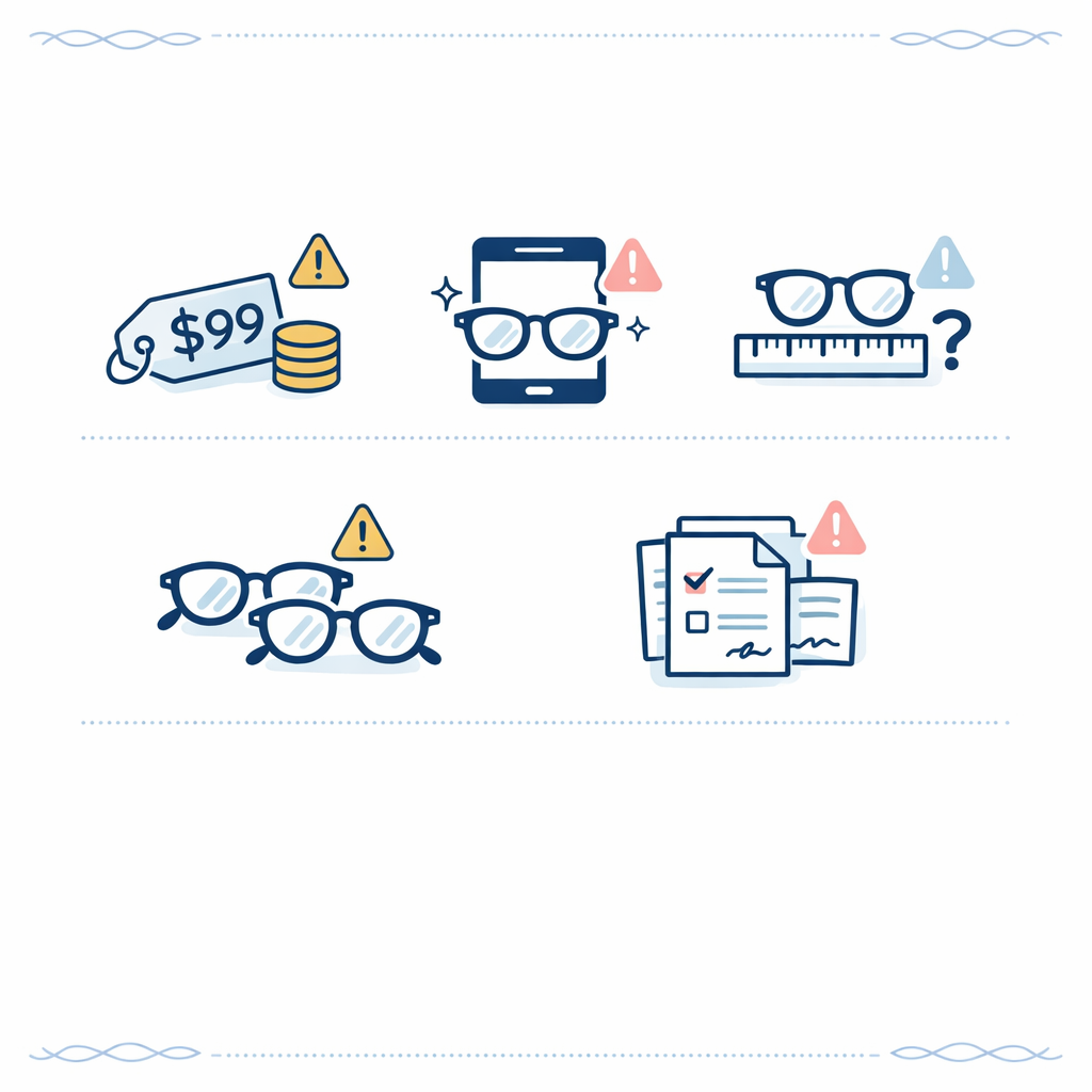 Five small icons show common online glasses buying mistakes in a clean caution grid.