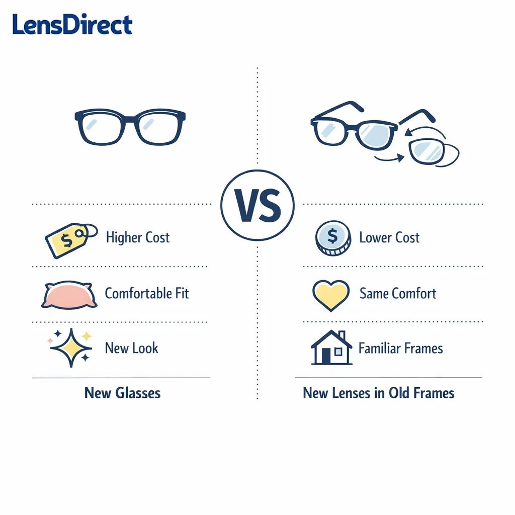 A side-by-side diagram compares buying new glasses with replacing lenses in existing frames.