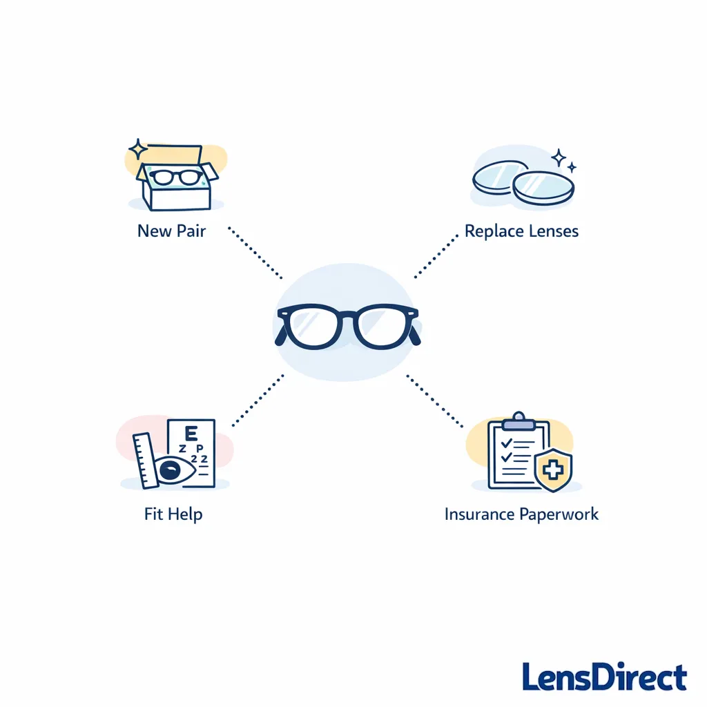A final action map shows options for new glasses, lens replacement, fit help, and reimbursement.