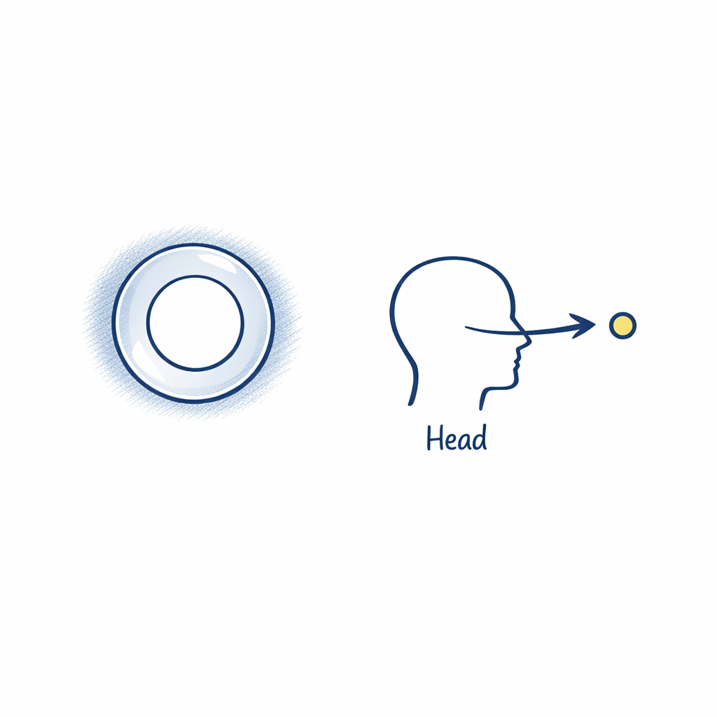 Diagram of a lens with a clear center and blurry edge, plus a head-turn arrow comparison.