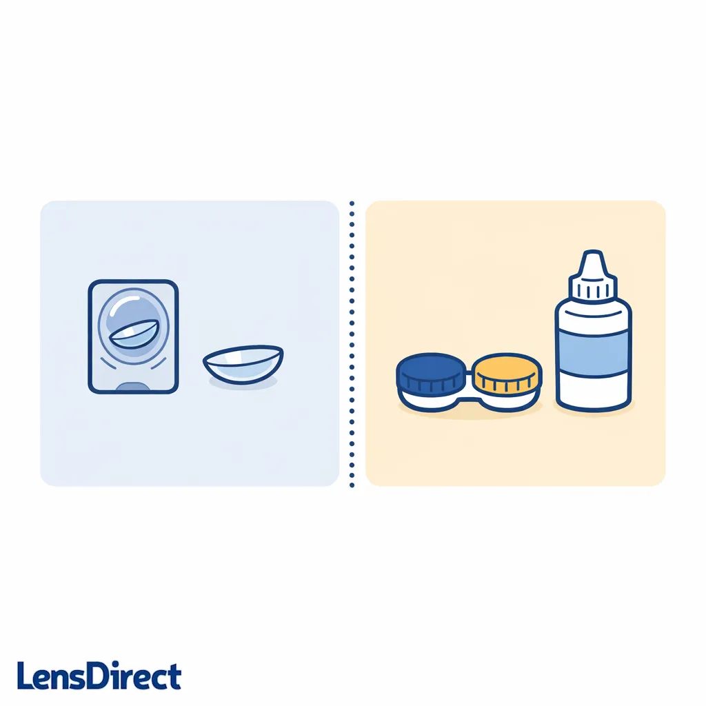 A simple side-by-side comparison of daily disposable lenses and reusable lenses with case and solution.