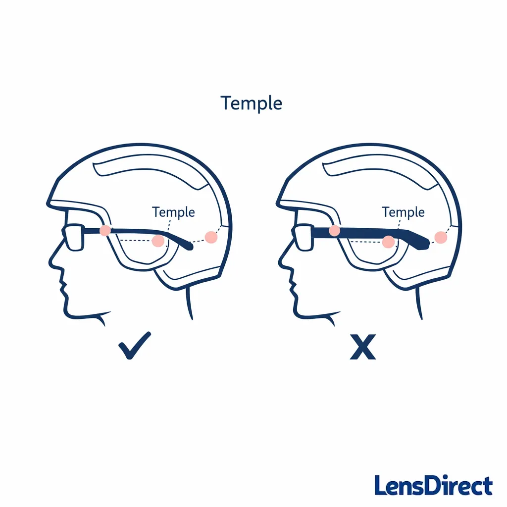 Diagram of a helmet and glasses showing pressure points at temples and ears with slim versus thick arms.