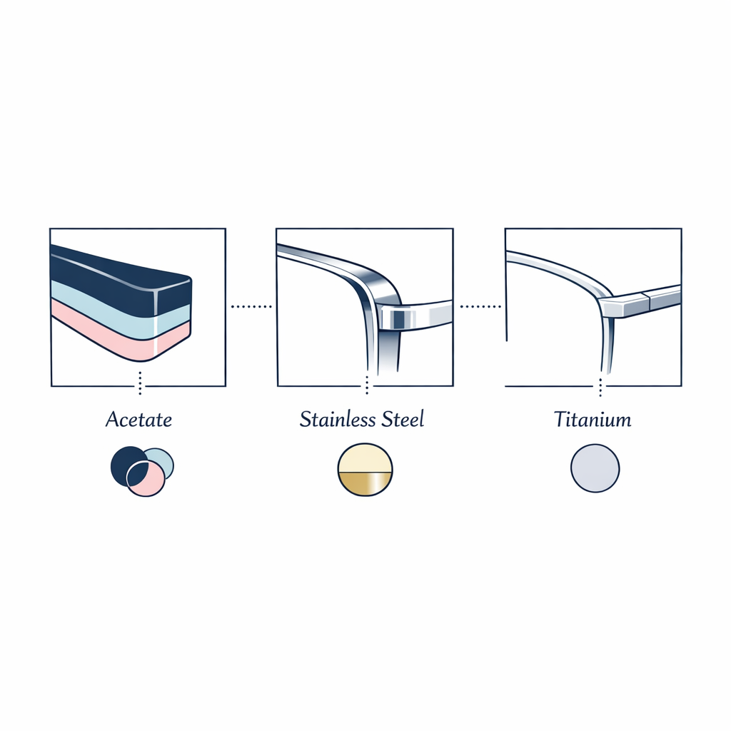 Three frame materials in a clean comparison highlight acetate, polished metal, and titanium-inspired refinement.