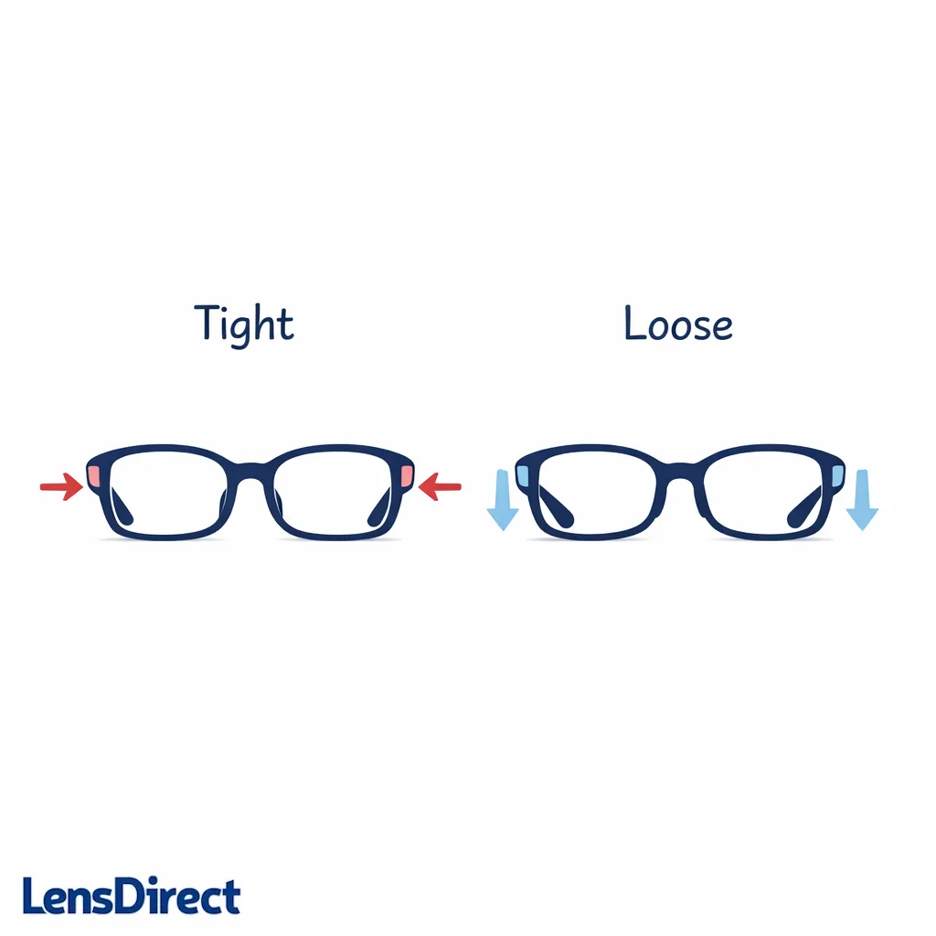 A centered glasses front view with arrows indicating too tight versus too loose fit, using simple line art on white.