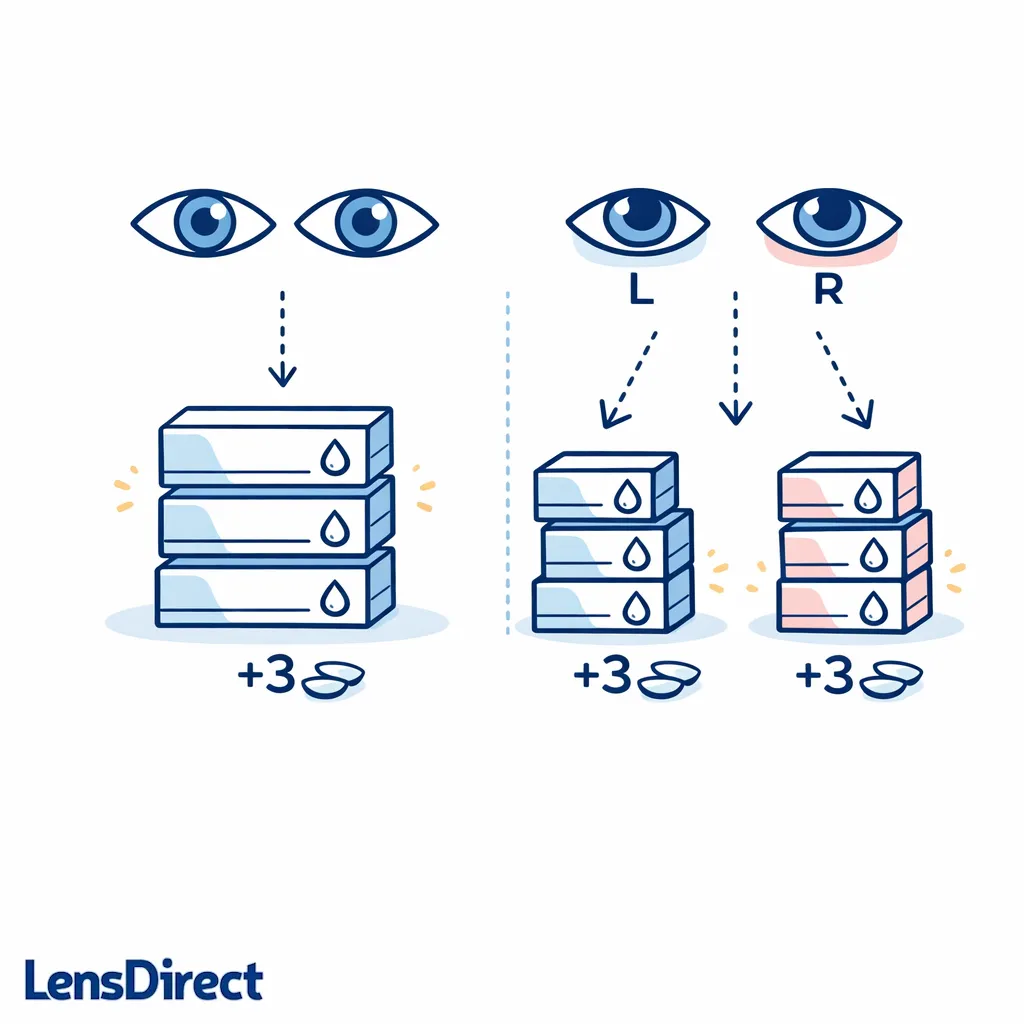 A centered diagram shows how matching or different prescriptions change the total number of contact lens boxes needed.