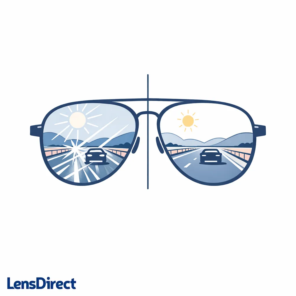 A line-art highway scene shows how polarized lenses reduce harsh reflected glare from bright pavement.