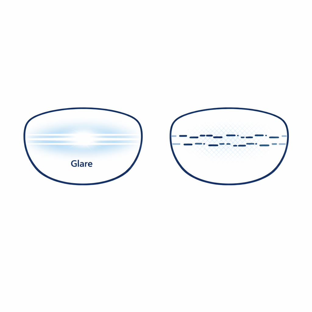 Side-by-side lenses show harsh fairway glare reduced with polarization versus more reflections without it.