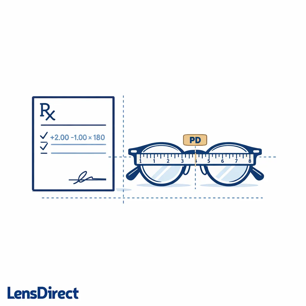 A prescription sheet and ruler illustrate the importance of accurate PD and prescription entry.