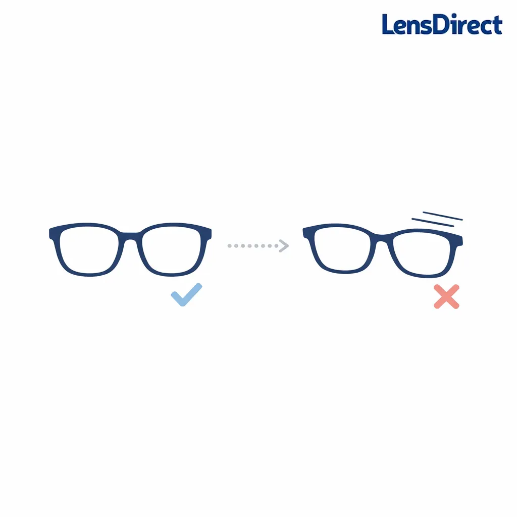 A front-view eyeglasses outline compares straight versus slightly warped frames after heat exposure.