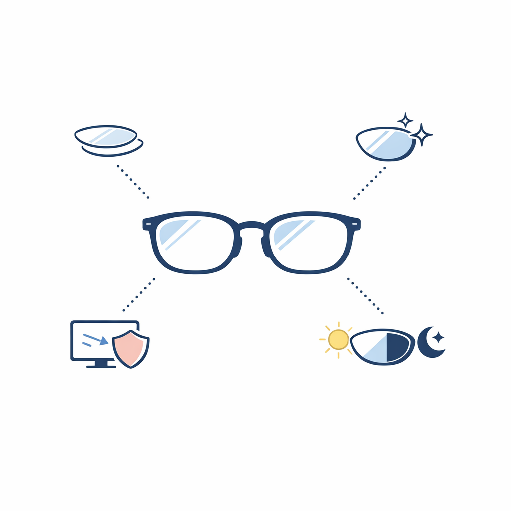 Different lens feature icons surround a pair of glasses in a clean instructional layout.