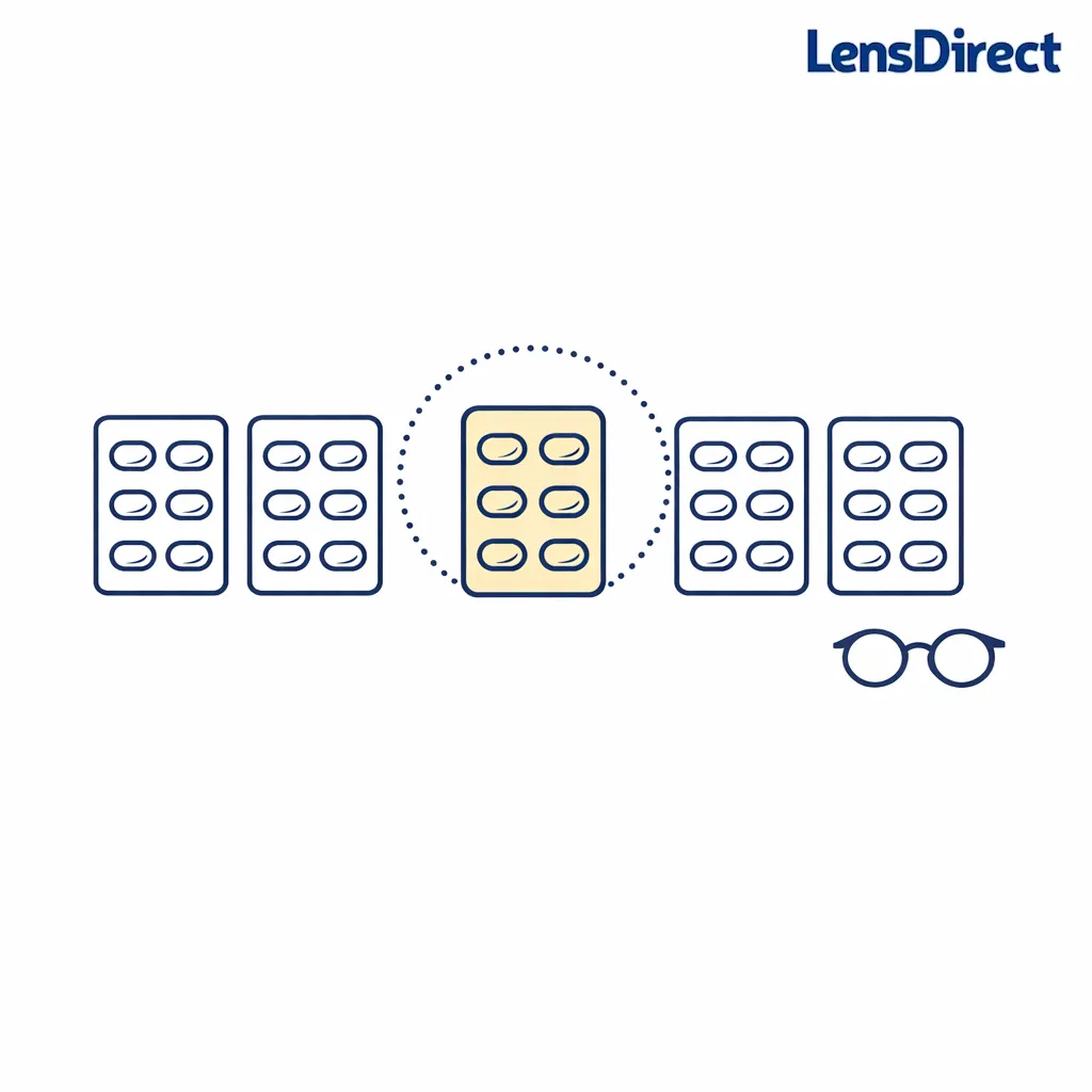 Extra contact lens packs and a spare pair of glasses arranged to show packing beyond exact trip days.