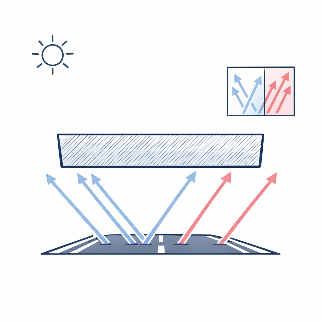 Illustration of road glare reflecting upward and a polarized lens filtering it for clearer vision.
