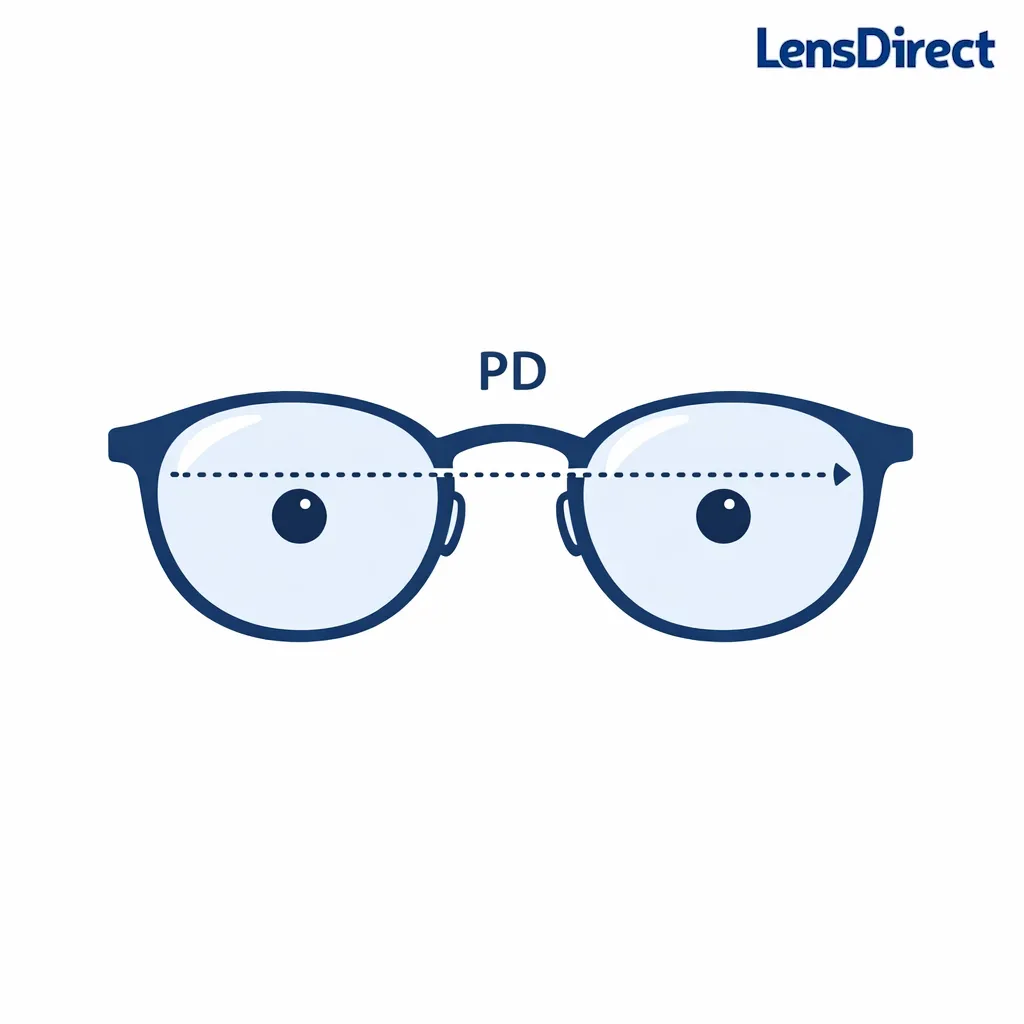 Glasses front view with dotted PD line between pupils and a centered optical point marker.
