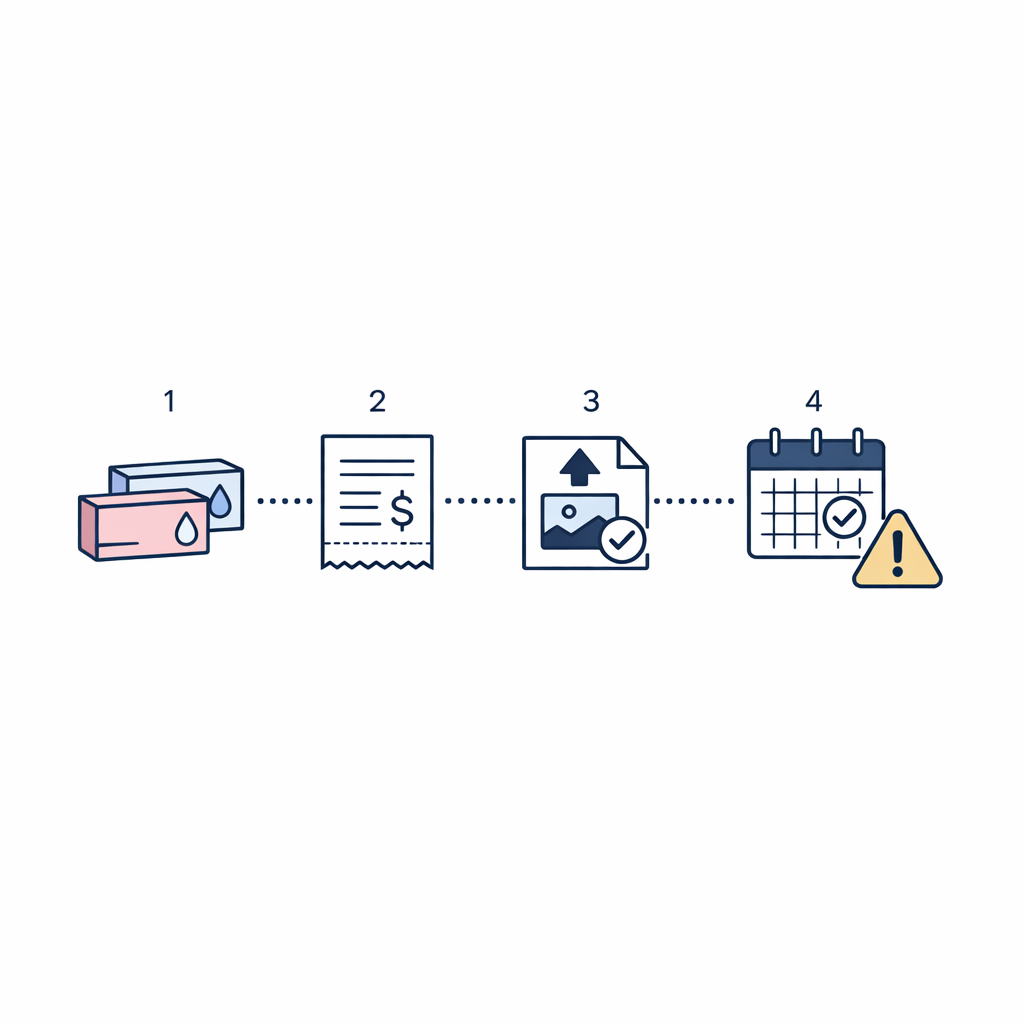 A clean step-by-step flowchart shows purchase, save receipt, submit rebate, and meet the deadline.