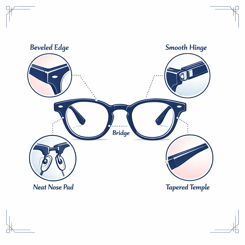 Close-up frame details show how hinges, bevels, and temple taper make glasses feel more elevated.