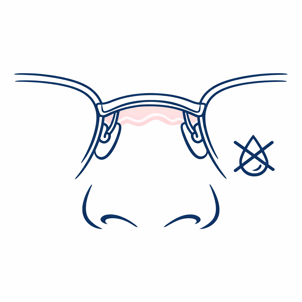 A nose bridge area with a thin glossy layer symbol indicating skincare residue that reduces sunglasses grip.