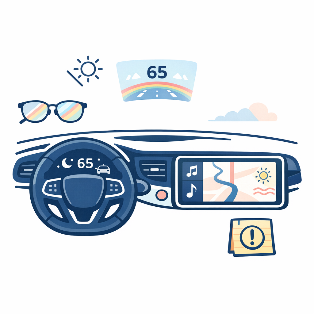 A simple car cockpit diagram shows dashboard dimming and rainbow distortion that can happen with polarized lenses.
