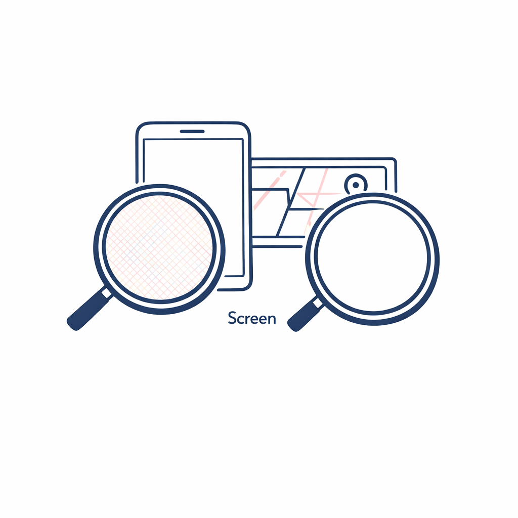 A phone screen icon looks patchy through a polarized lens compared with a clear view through a non-polarized lens.