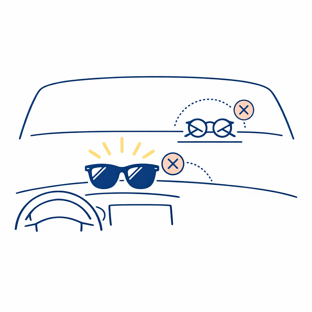 A dashboard scene shows sunglasses in direct sun marked as a high-risk storage spot.