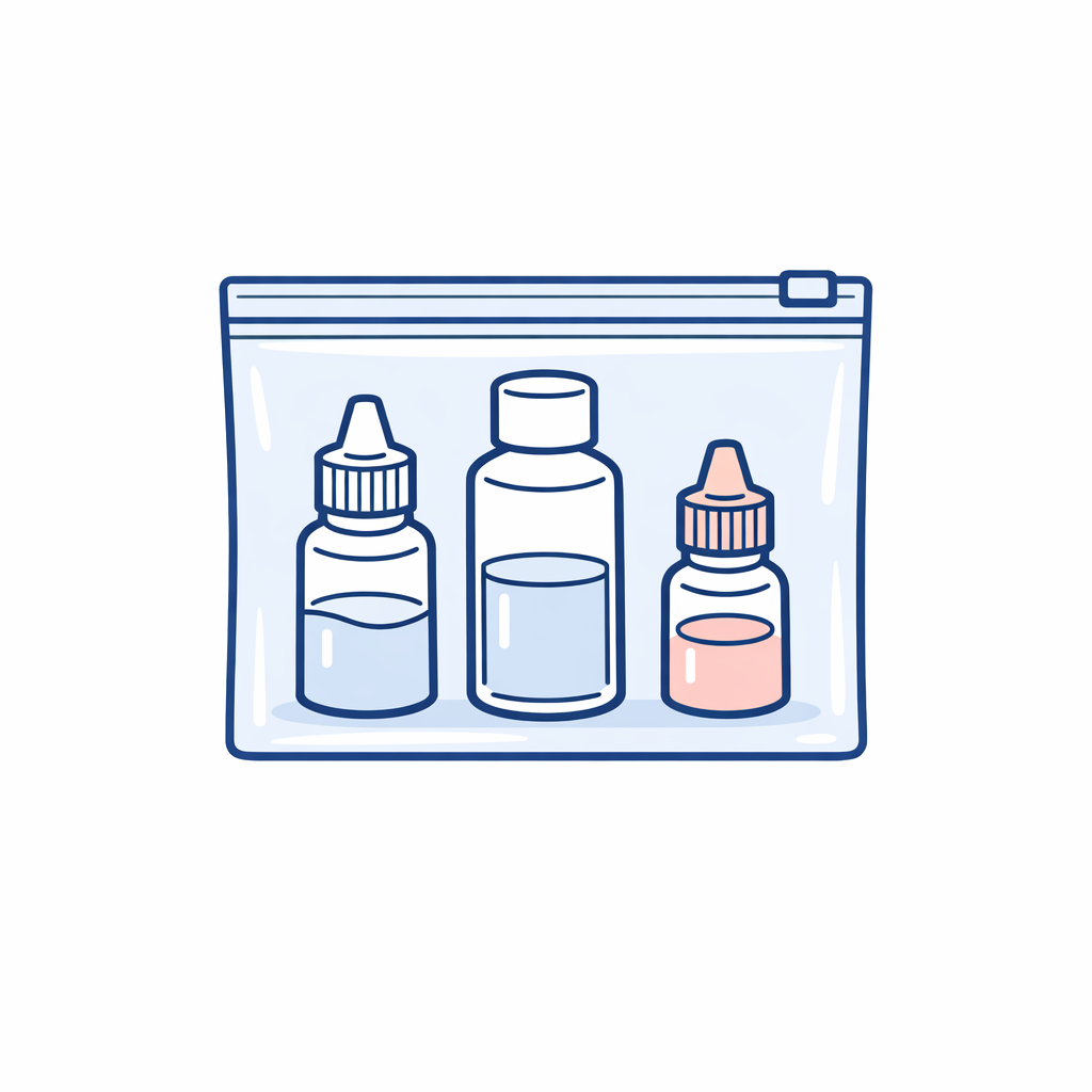 Three small travel bottles in a clear pouch illustrating carry-on friendly lens solution and drops packing.